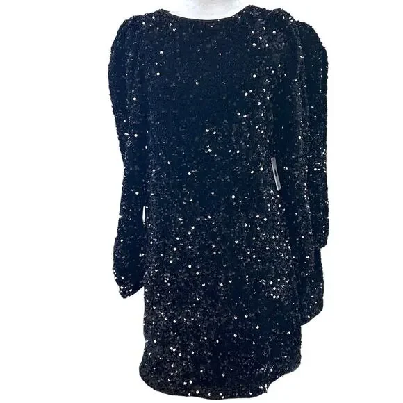 Black Sequin Long Sleeve Mini Dress XS Party Holiday NYE Cocktail Coquette - Picture 2 of 11